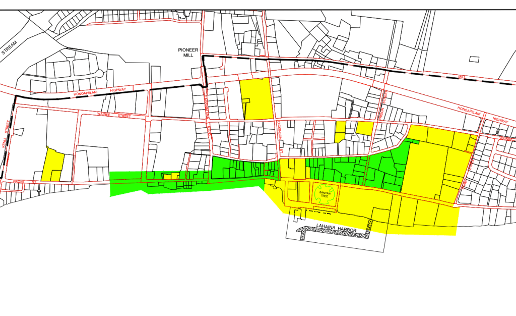 This National Historic Landmark District map shows Lahaina Historic District 1 in yellow and Historic District 2 in green. The highlighted properties are included in the county's plan to use federal disaster recovery funds as part of its strategic voluntary buyout program. (Courtesy: Maui County)